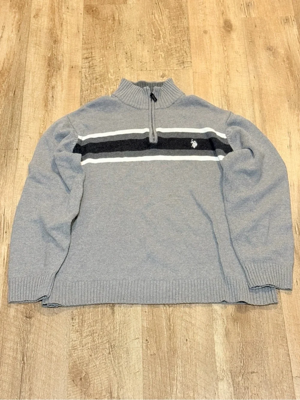 U.S. Polo Assn. Light Gray Quarter-Zip Sweater with Navy & White Stripes